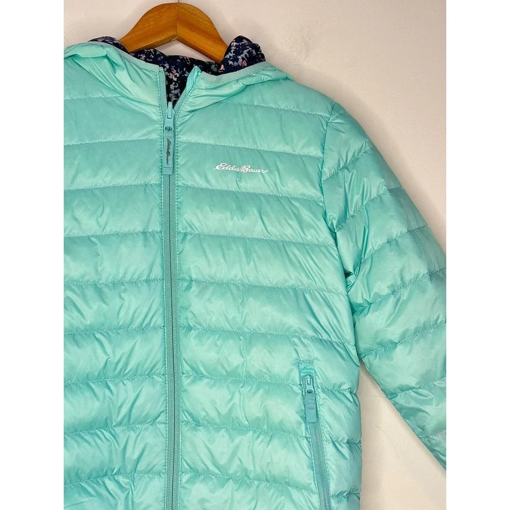 Eddie Bauer Puffer Jacket Girls M 10/12 Teal Down Insulated Hooded Coat 8300W682